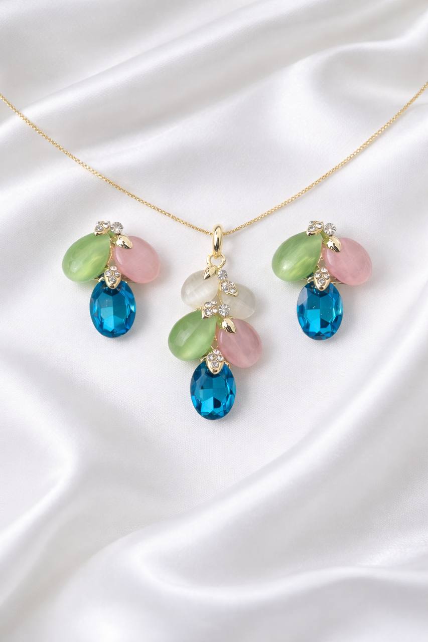 Ocean Glow Anti-Tarnish Pendant Set with Statement Earrings