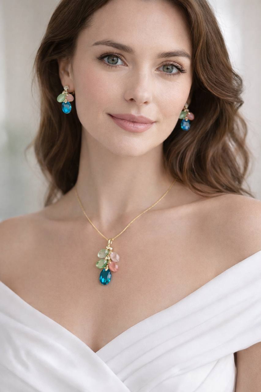 Ocean Glow Anti-Tarnish Pendant Set with Statement Earrings