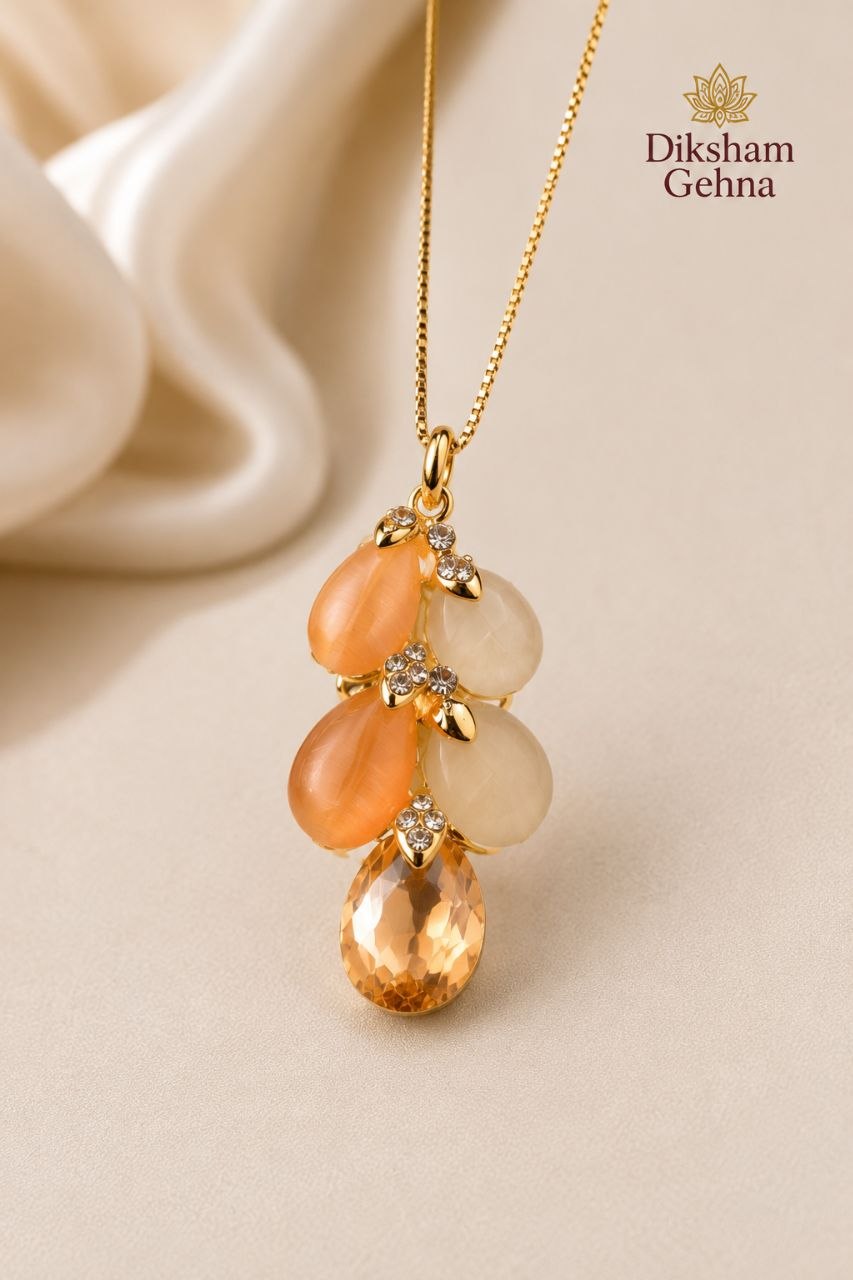 Peach Crystal Bloom Anti-Tarnish Pendant Set with Earrings