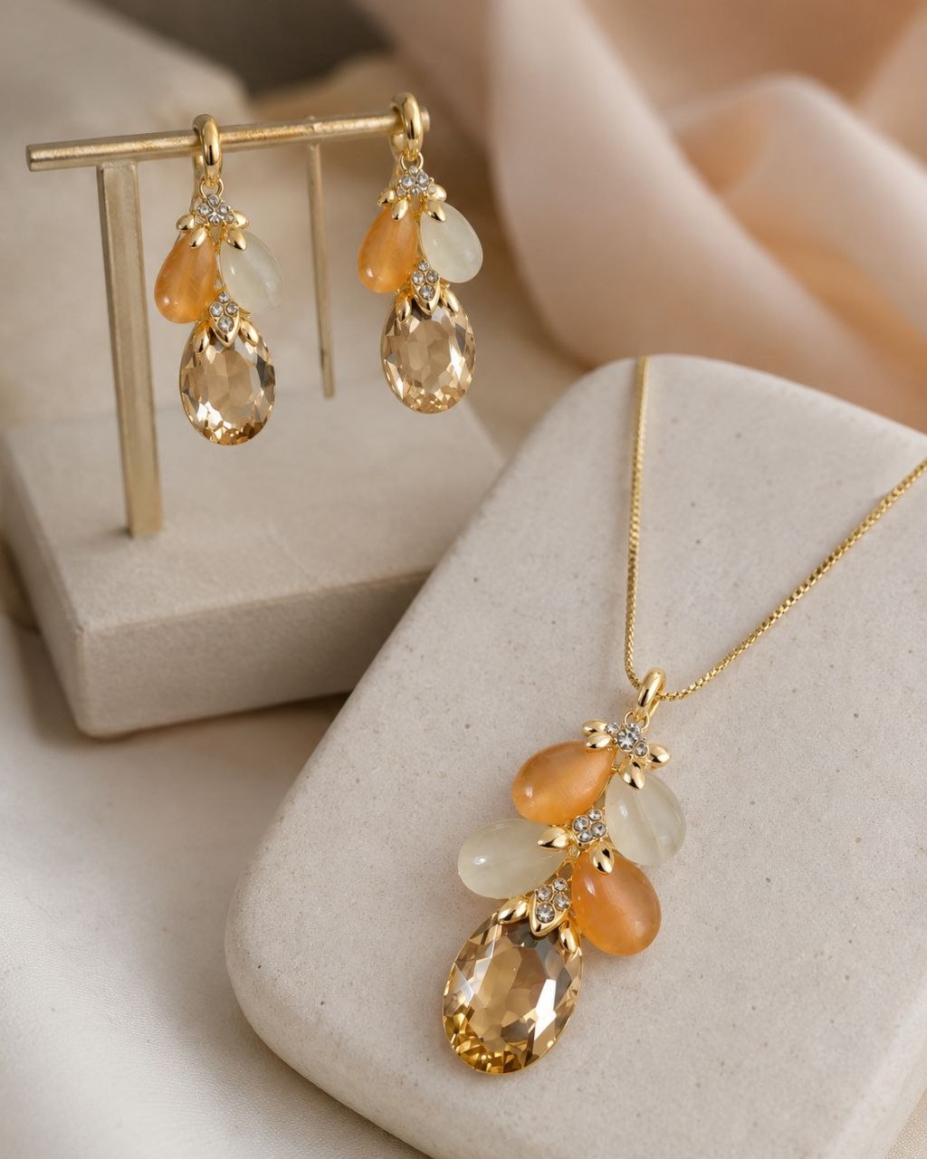 Peach Crystal Bloom Anti-Tarnish Pendant Set with Earrings
