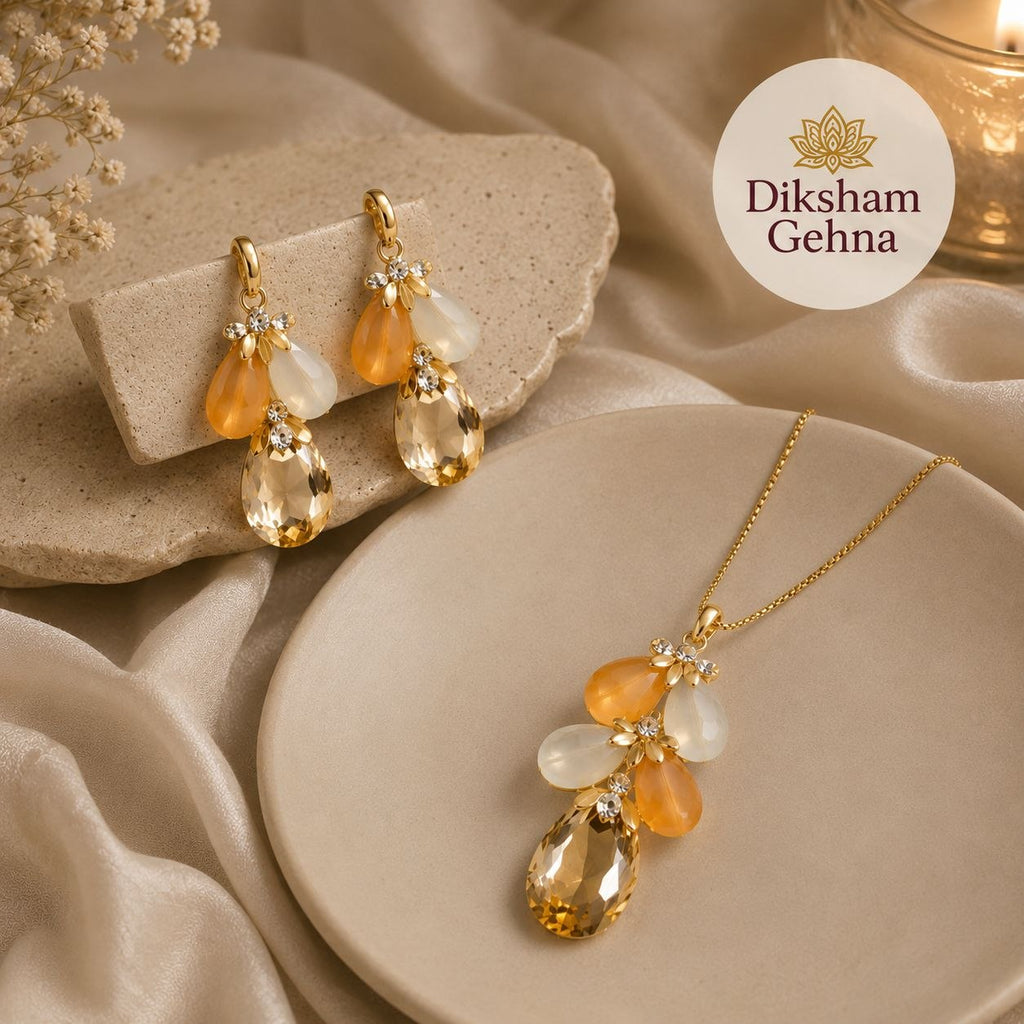 Peach Crystal Bloom Anti-Tarnish Pendant Set with Earrings