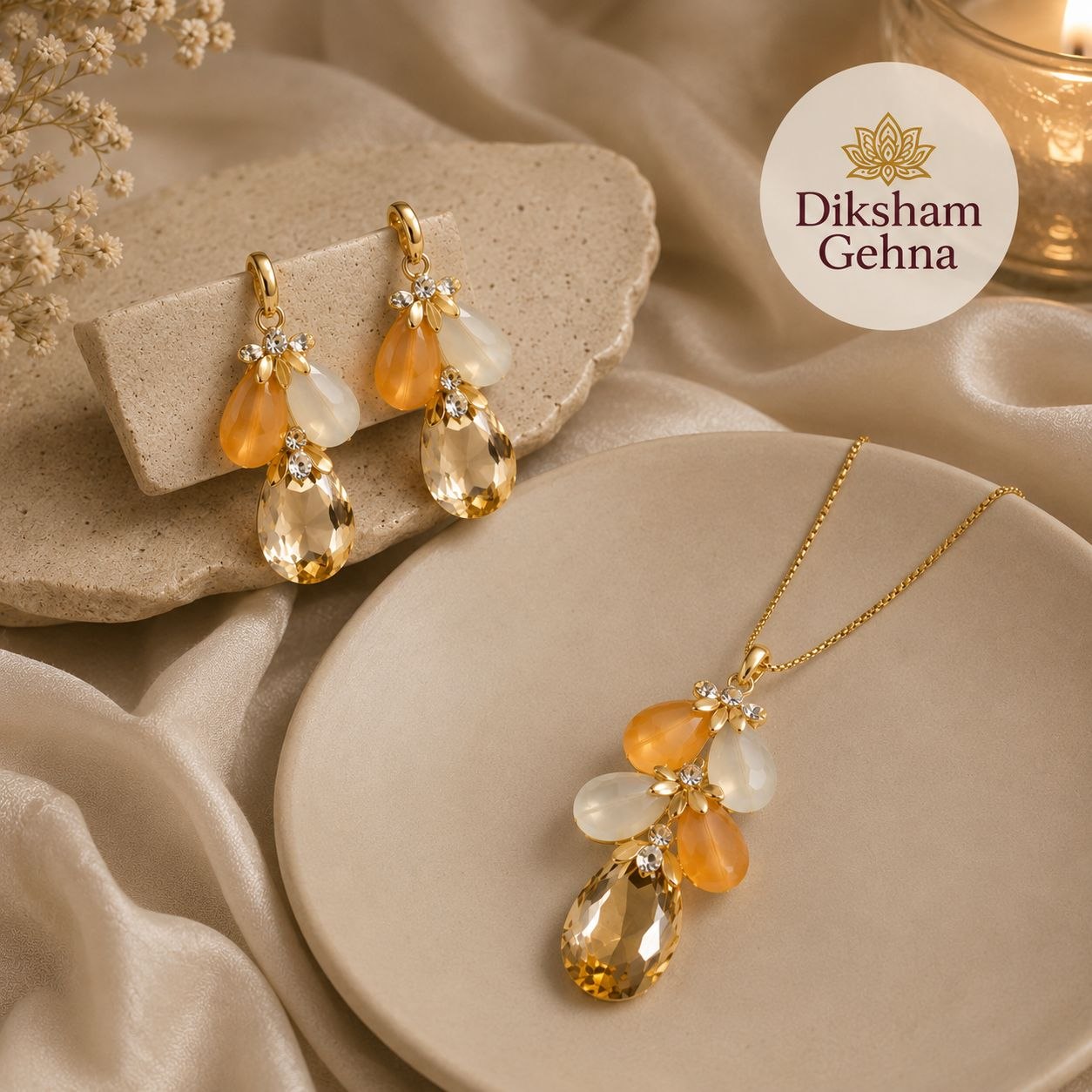 Peach Crystal Bloom Anti-Tarnish Pendant Set with Earrings