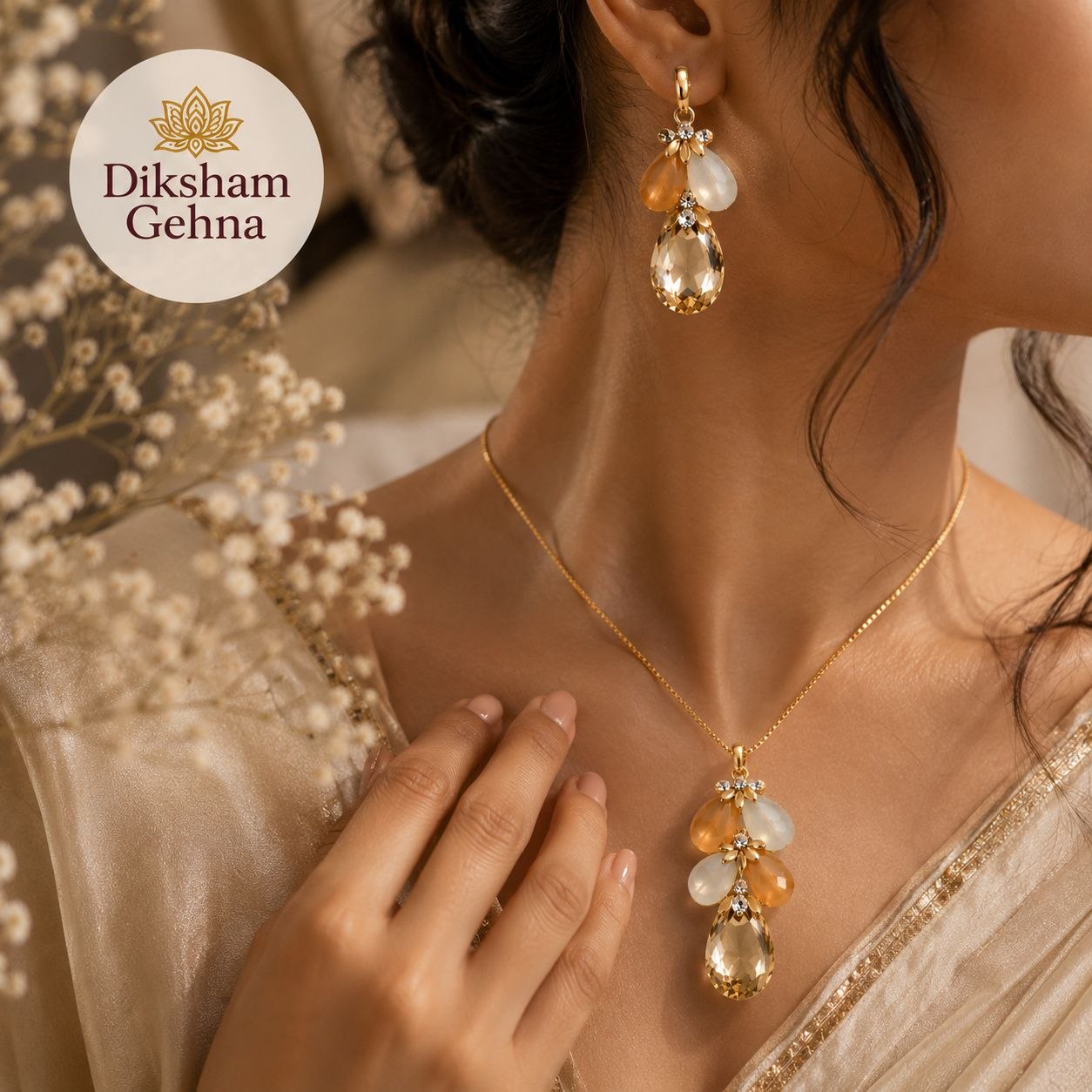 Peach Crystal Bloom Anti-Tarnish Pendant Set with Earrings