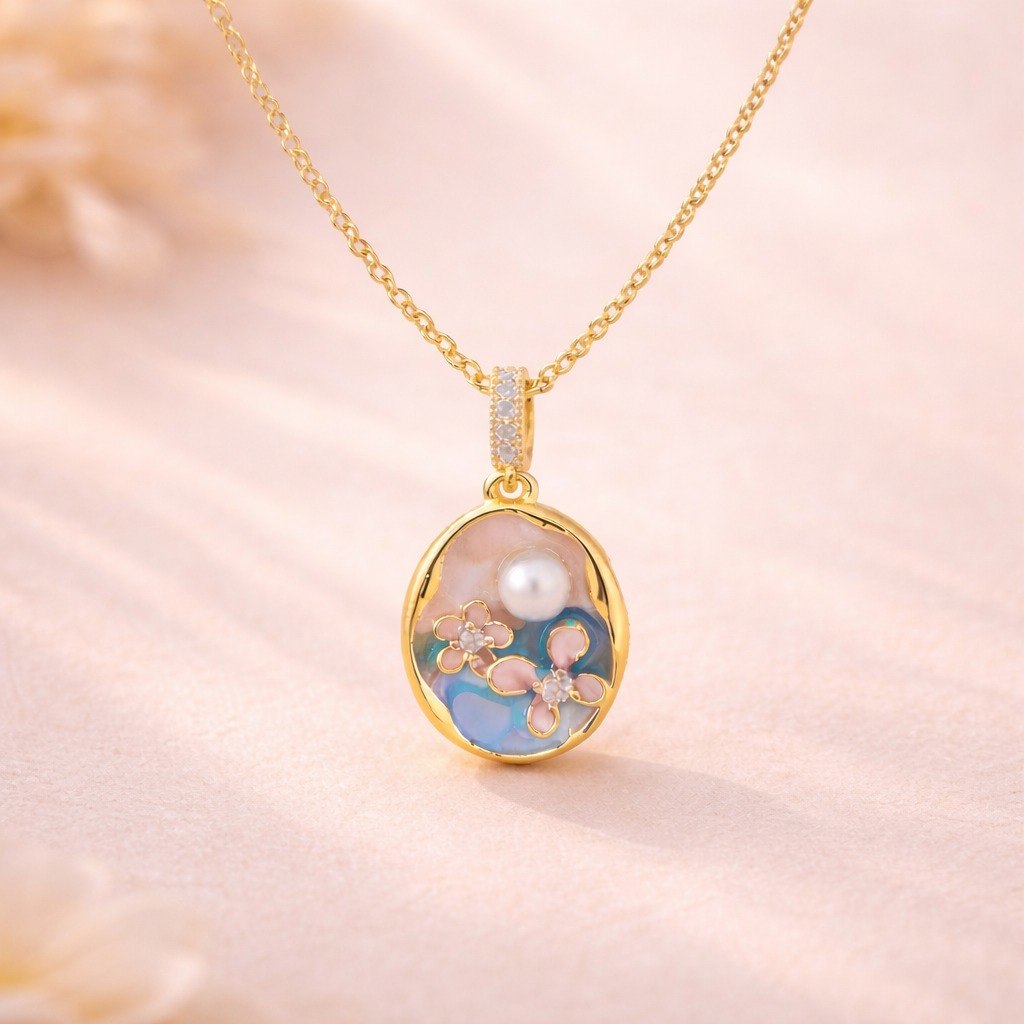 Oval Pearl Floral Pendant Necklace