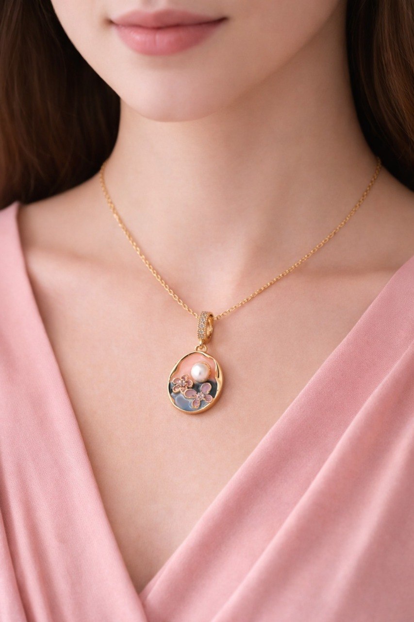 Oval Pearl Floral Pendant Necklace