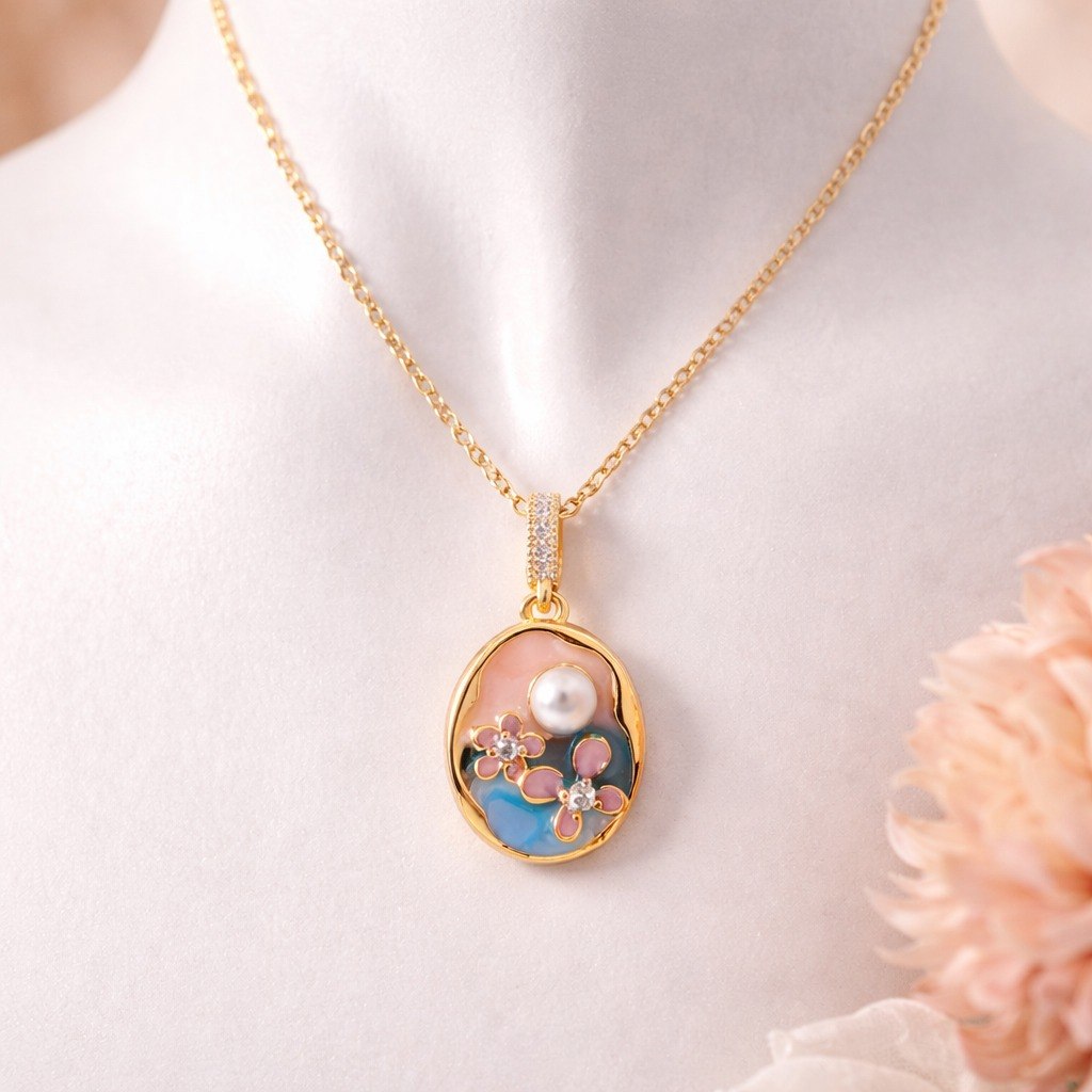 Oval Pearl Floral Pendant Necklace