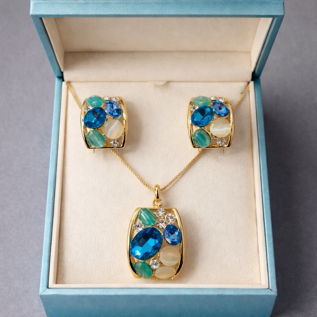 Ocean Glow Anti-Tarnish Pendant Set with Statement Earrings