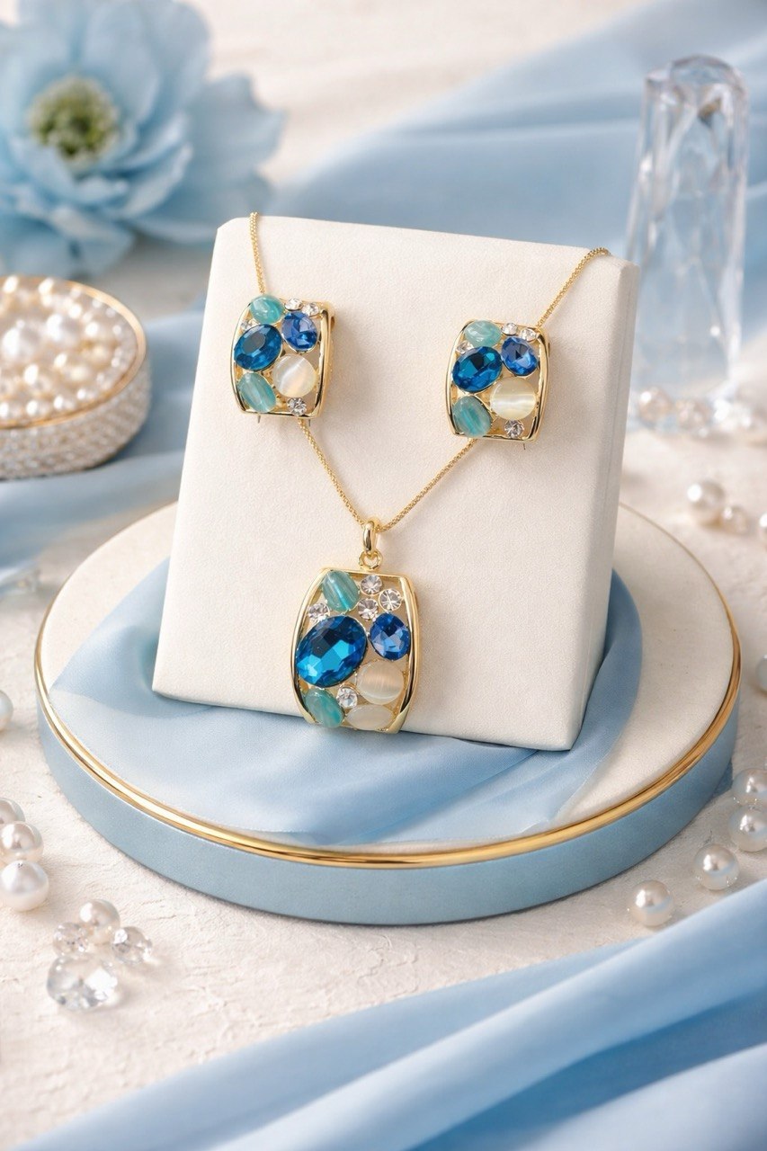 Ocean Glow Anti-Tarnish Pendant Set with Statement Earrings