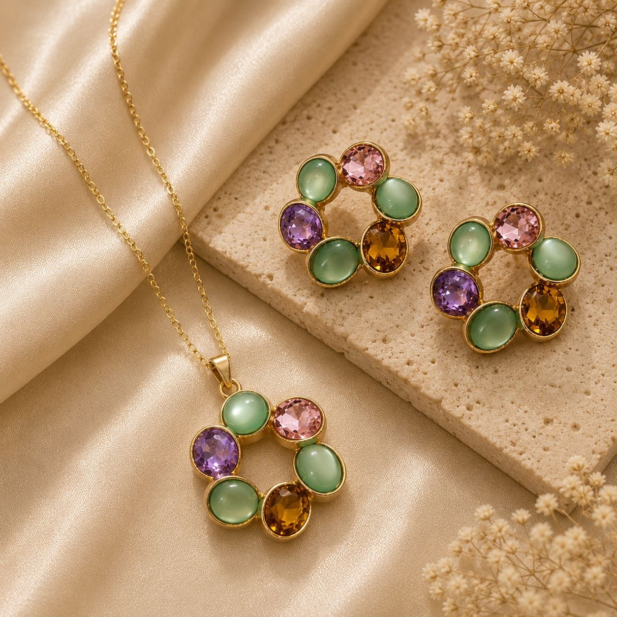 Mint Blossom Anti-Tarnish Pendant Set with Earrings