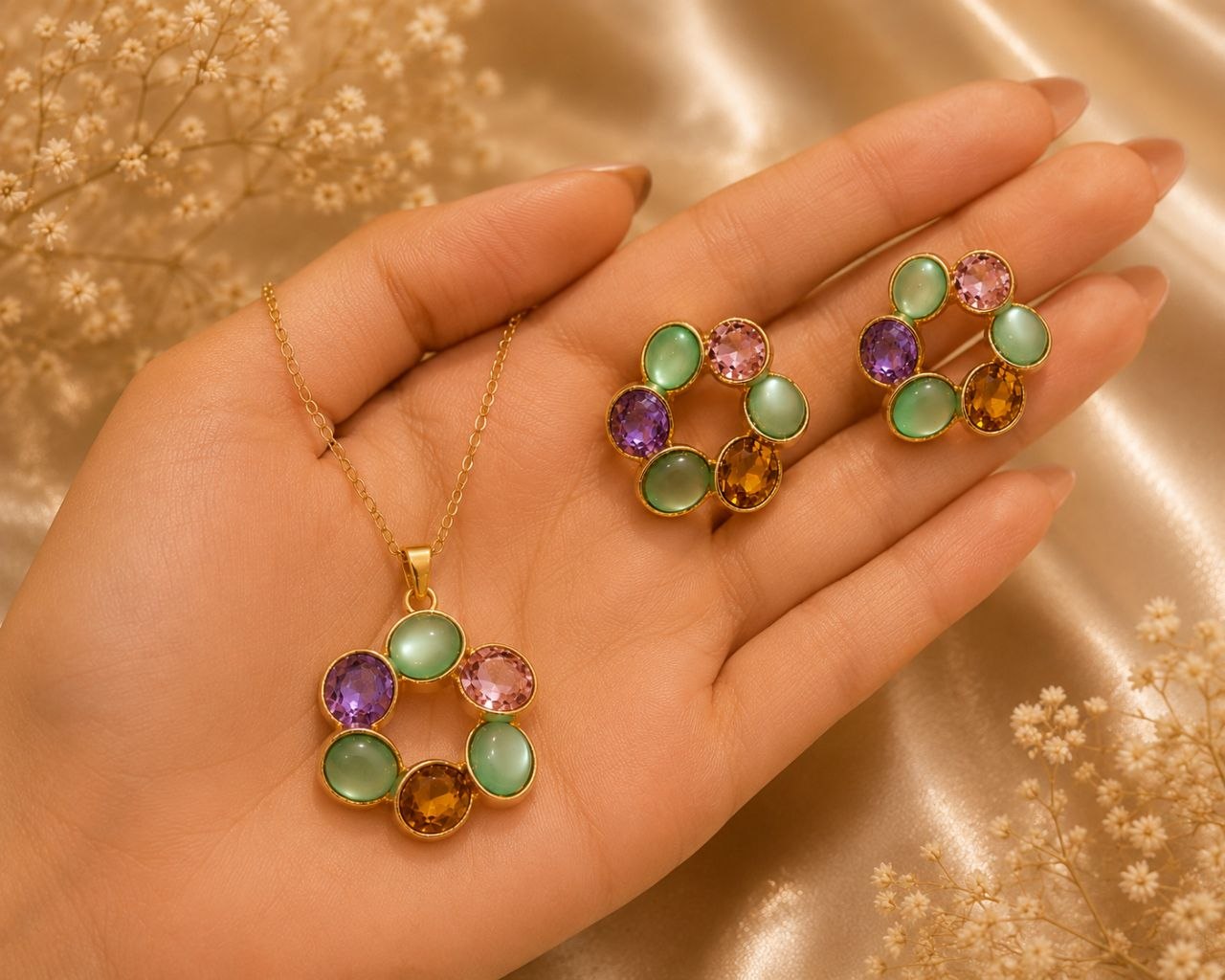 Mint Blossom Anti-Tarnish Pendant Set with Earrings