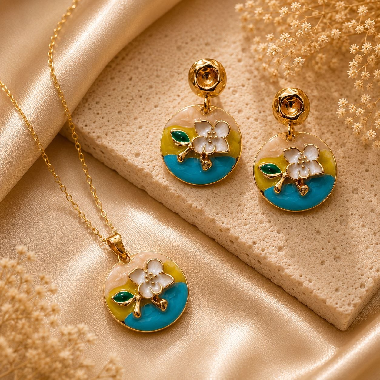Sunny Blossom Anti-Tarnish Pendant Set with Earrings