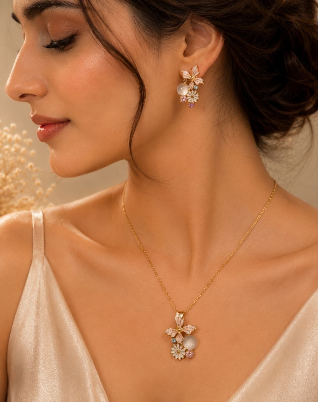 Butterfly Bloom Anti-Tarnish Pendant Set with Earrings