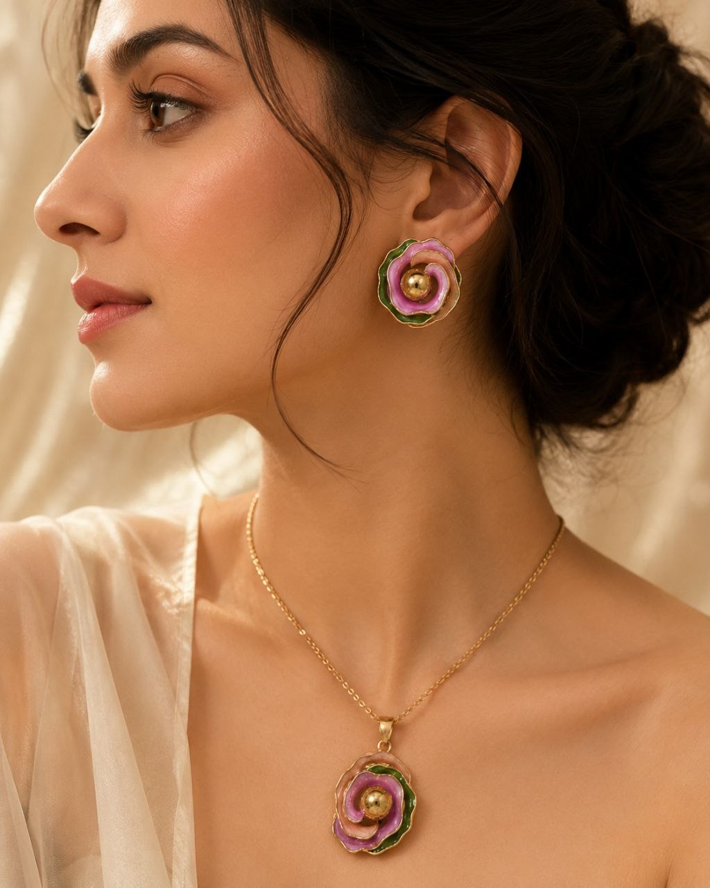 Pastel Rose Anti-Tarnish Pendant Set with Earrings