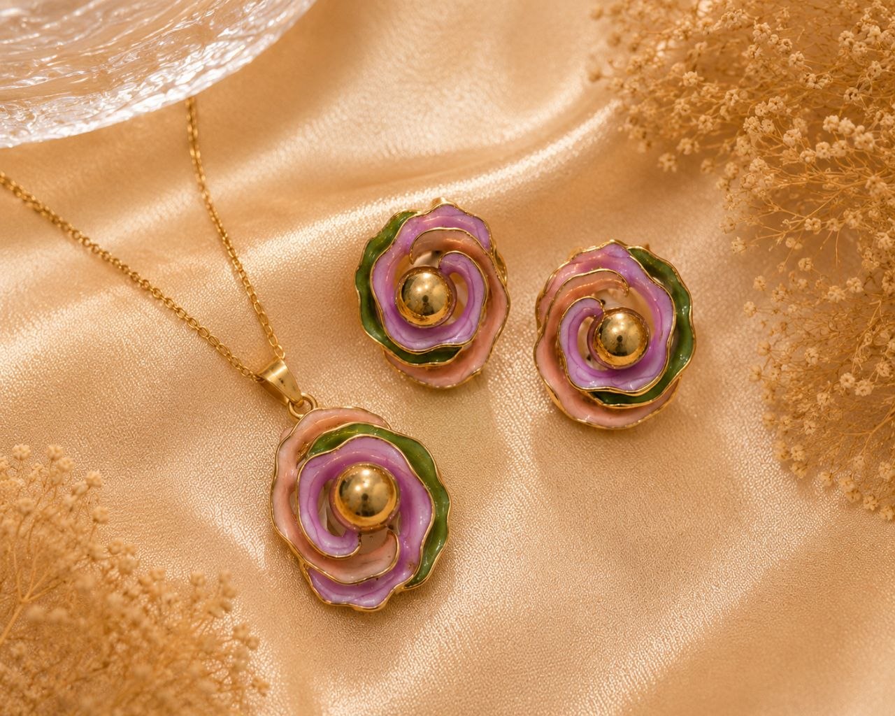 Pastel Rose Anti-Tarnish Pendant Set with Earrings