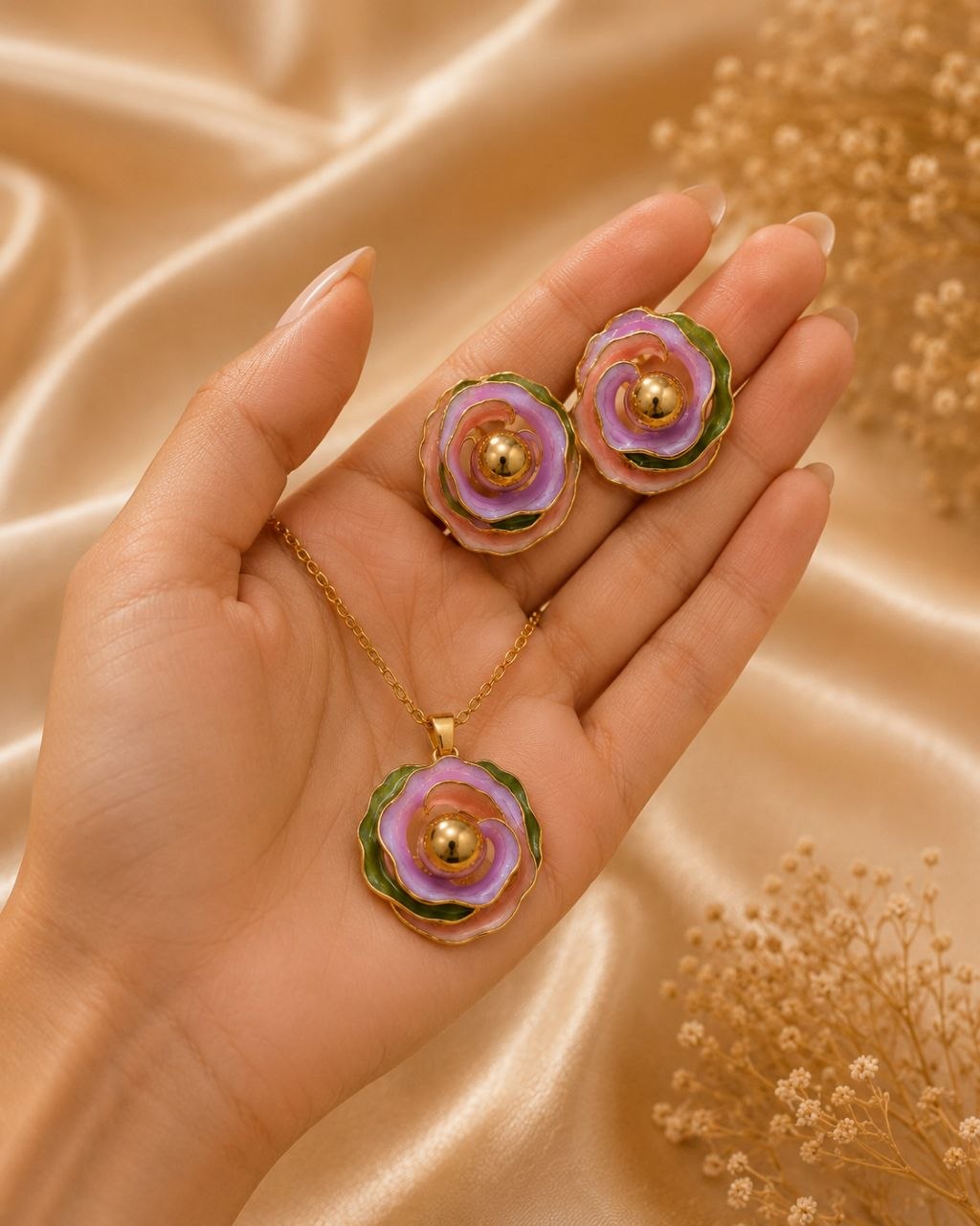 Pastel Rose Anti-Tarnish Pendant Set with Earrings