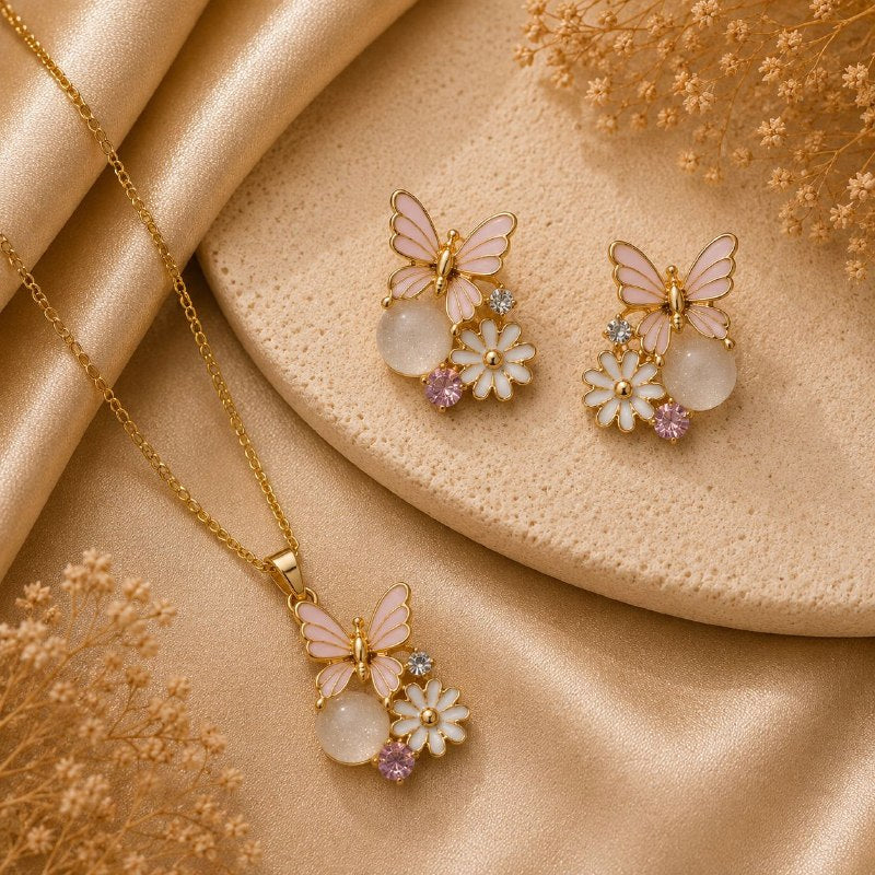 Butterfly Bloom Anti-Tarnish Pendant Set with Earrings