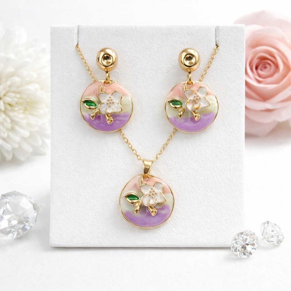 Floral Enamel Pendant Necklace Set