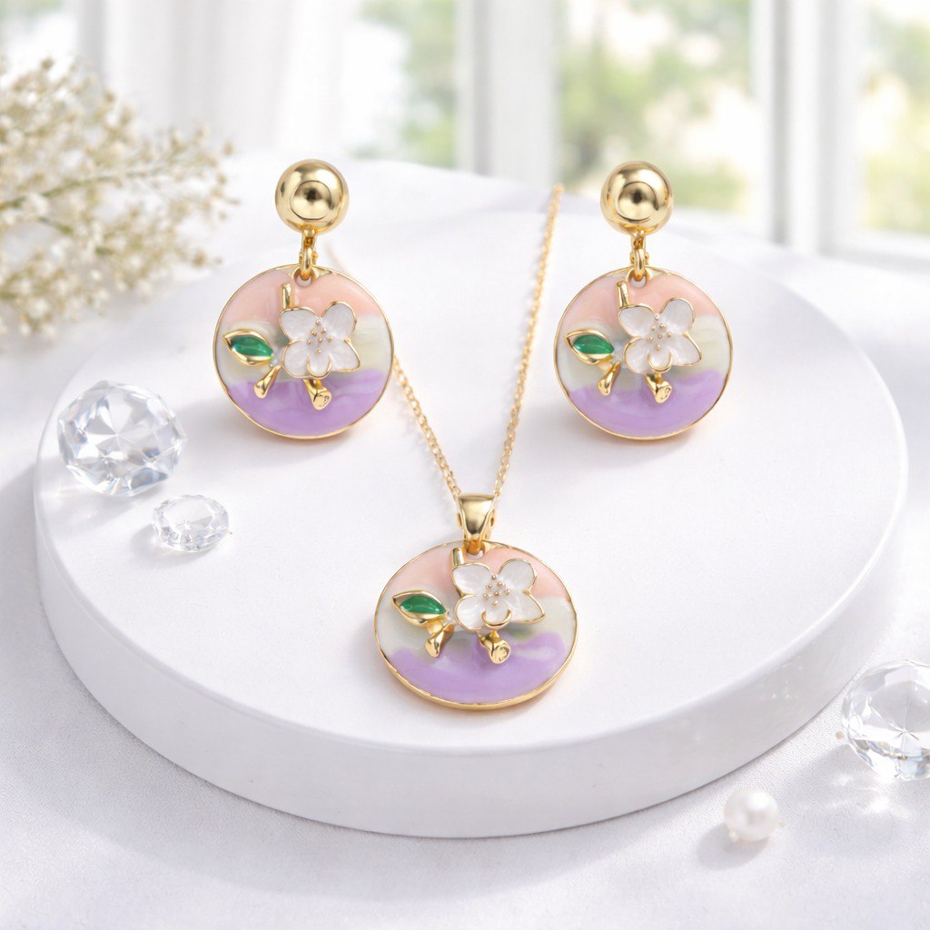 Floral Enamel Pendant Necklace Set