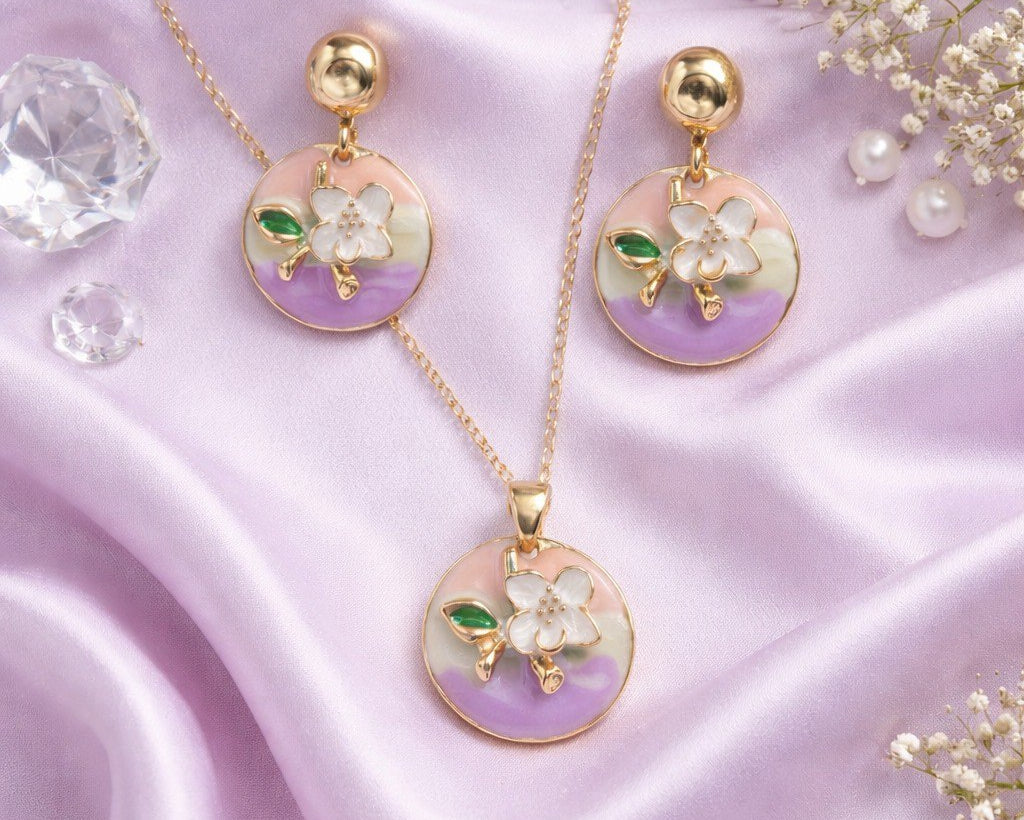 Floral Enamel Pendant Necklace Set