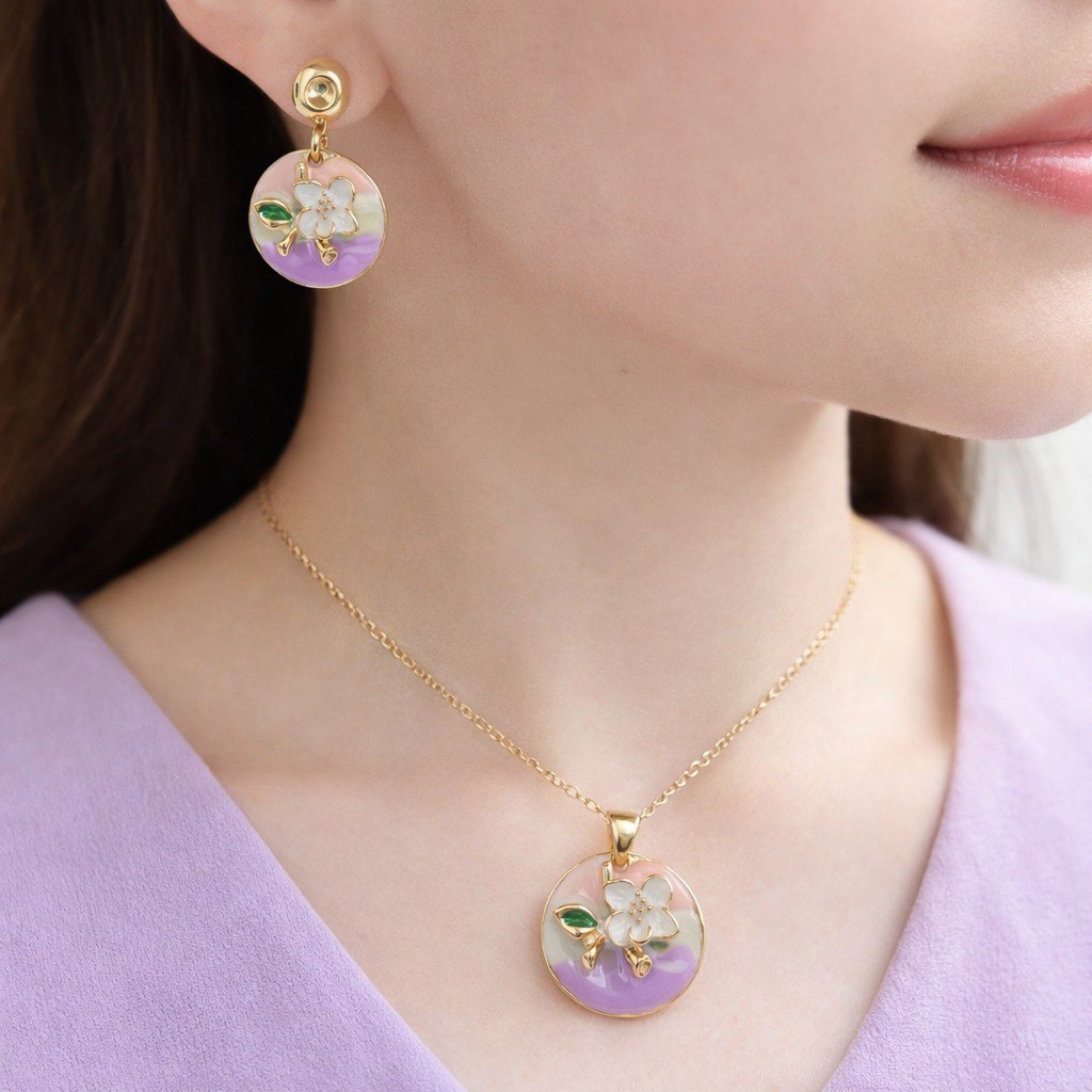 Floral Enamel Pendant Necklace Set