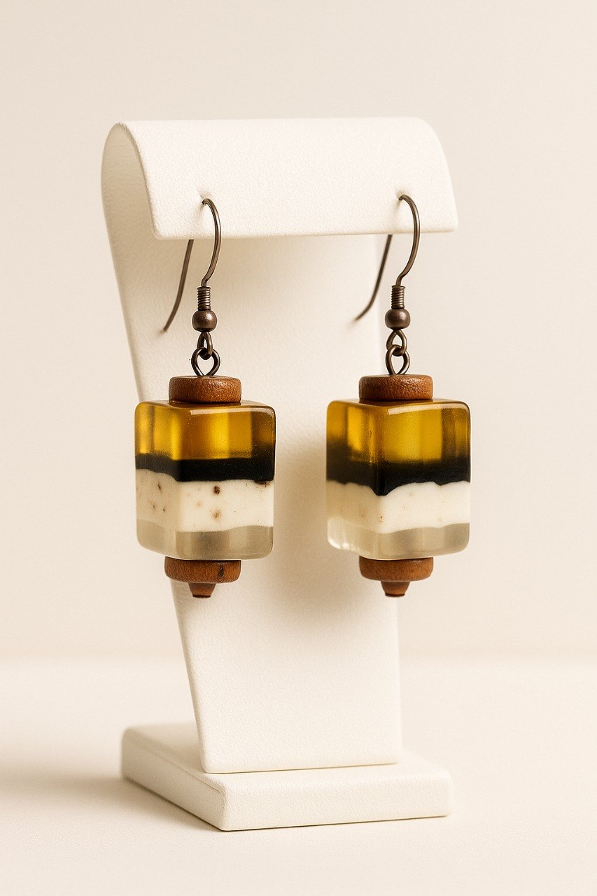 Amber Wood Cube Drop Earrings