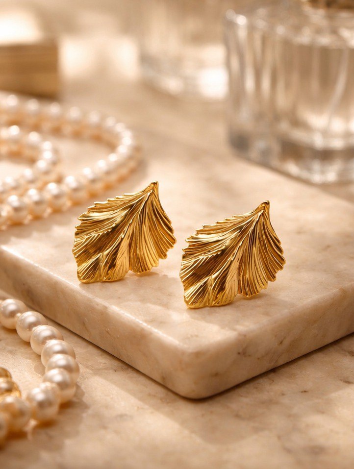 Golden Leaf Anti-Tarnish Stud Earrings