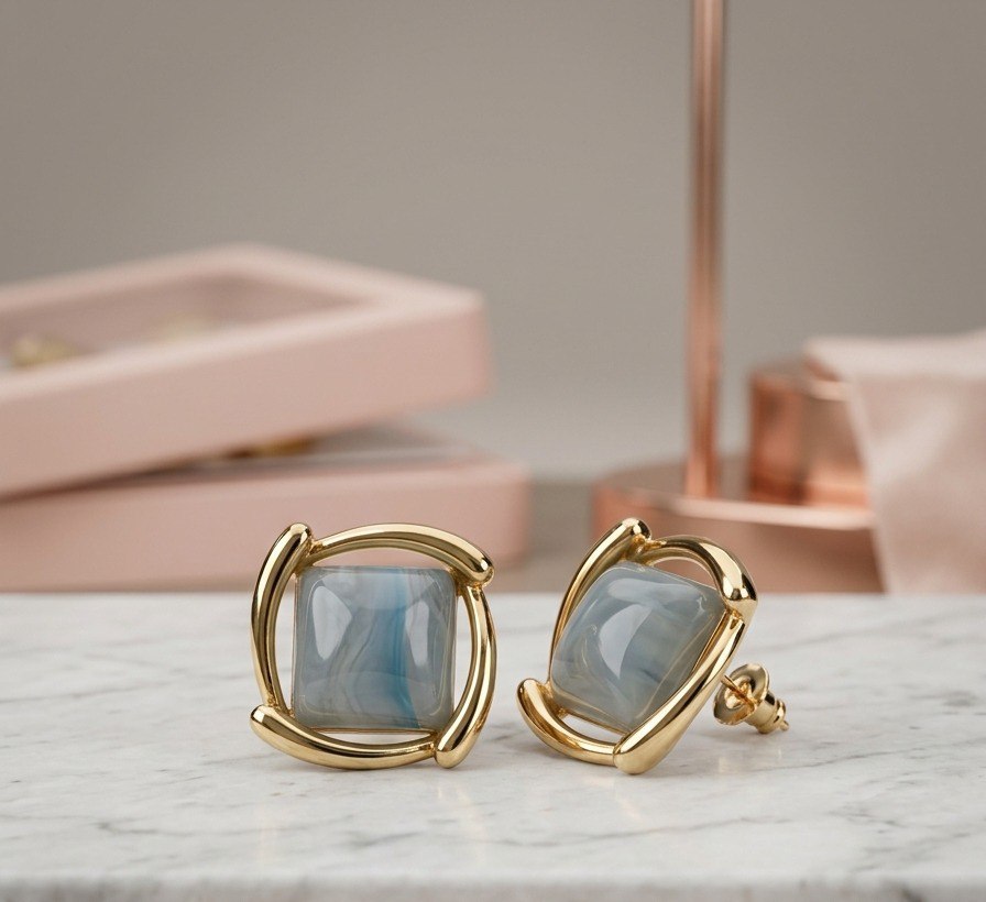 Aqua Stone Gold Frame Stud Earrings