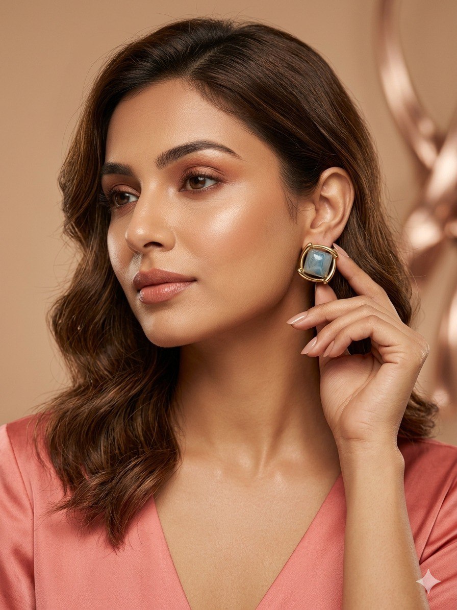 Aqua Stone Gold Frame Stud Earrings