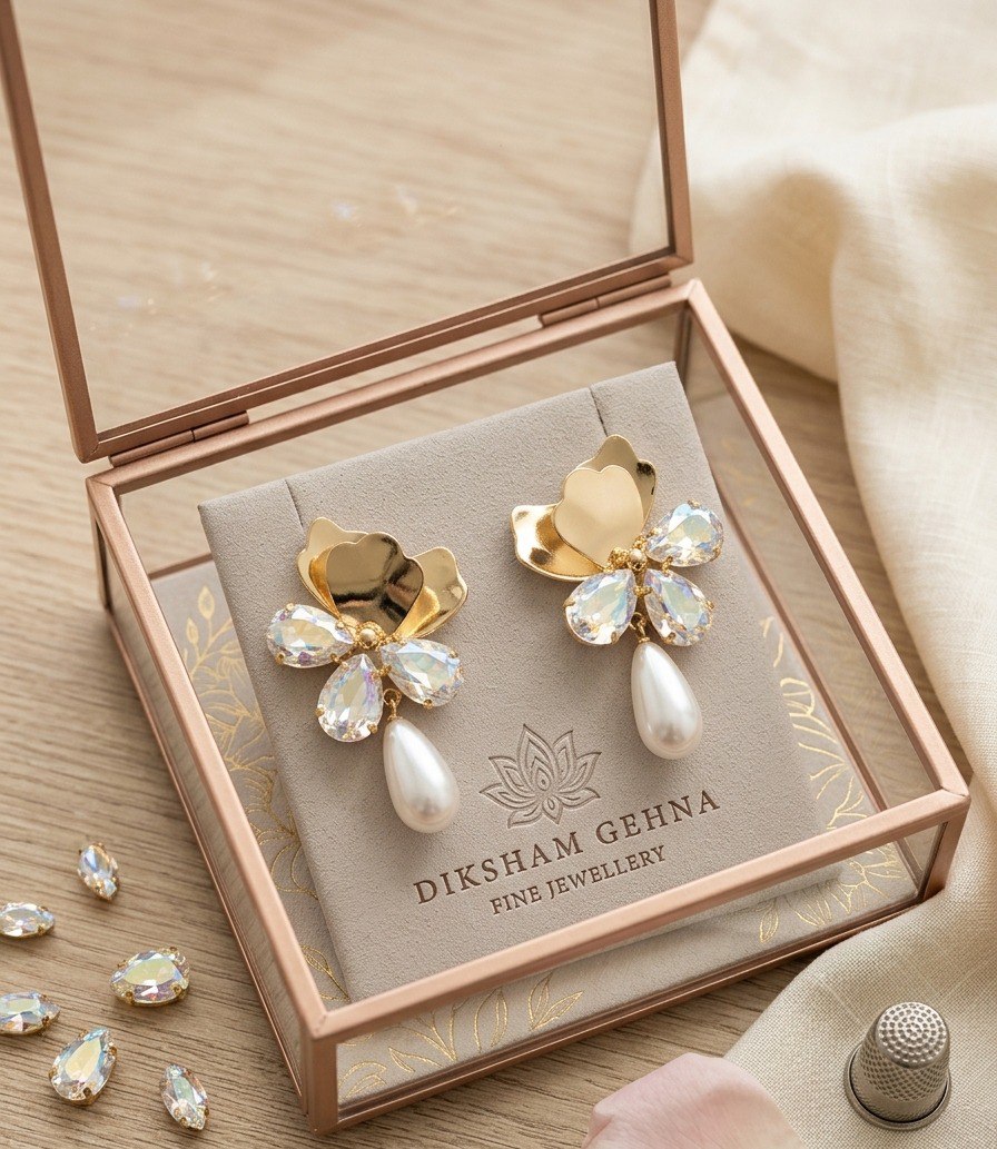 Floral Crystal Pearl Drop Earrings