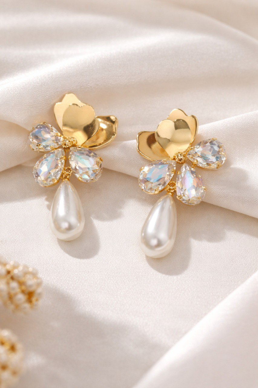 Floral Crystal Pearl Drop Earrings