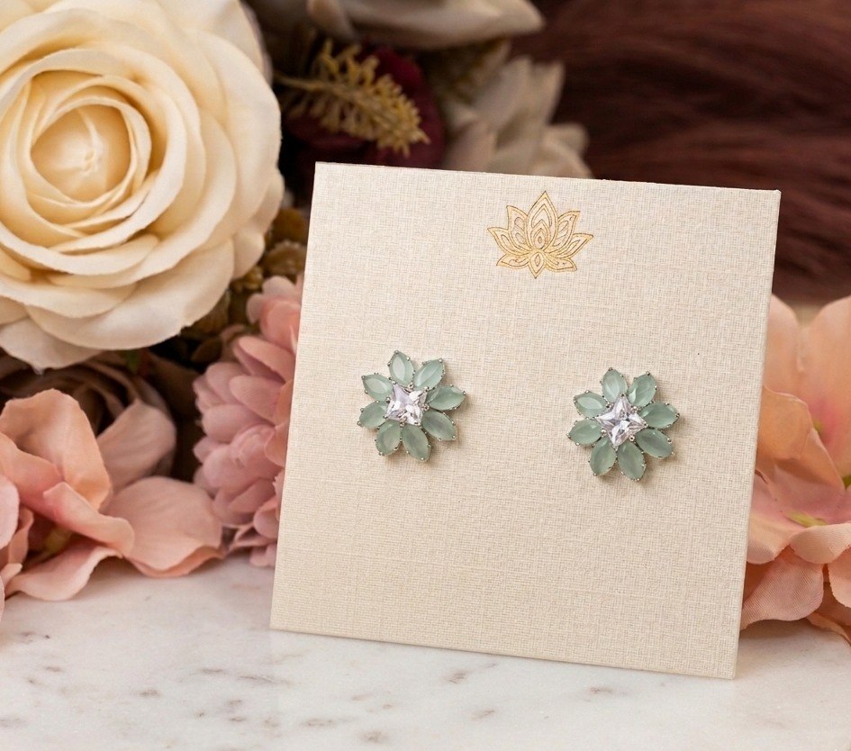 Aqua Bloom American Diamond Stud Earrings