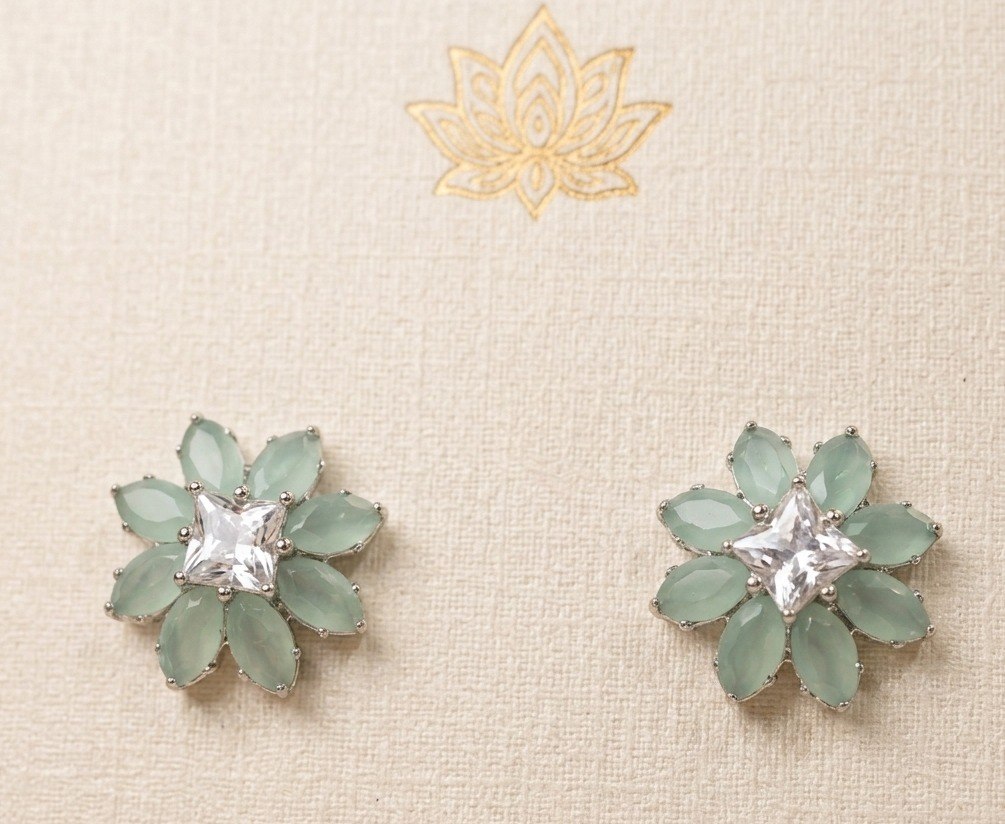 Aqua Bloom American Diamond Stud Earrings