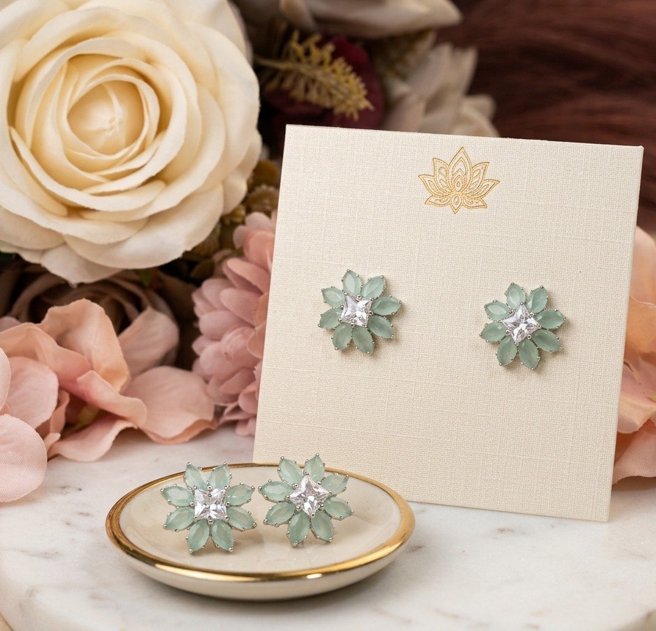 Aqua Bloom American Diamond Stud Earrings