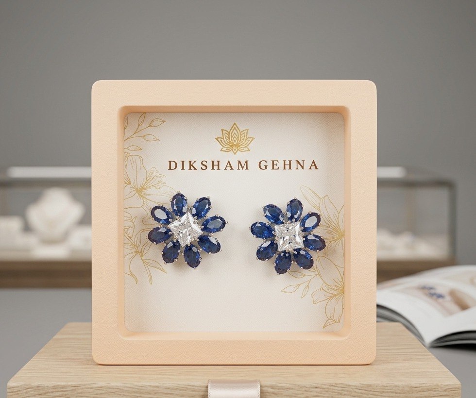 Royal Sapphire Bloom American Diamond Stud Earrings