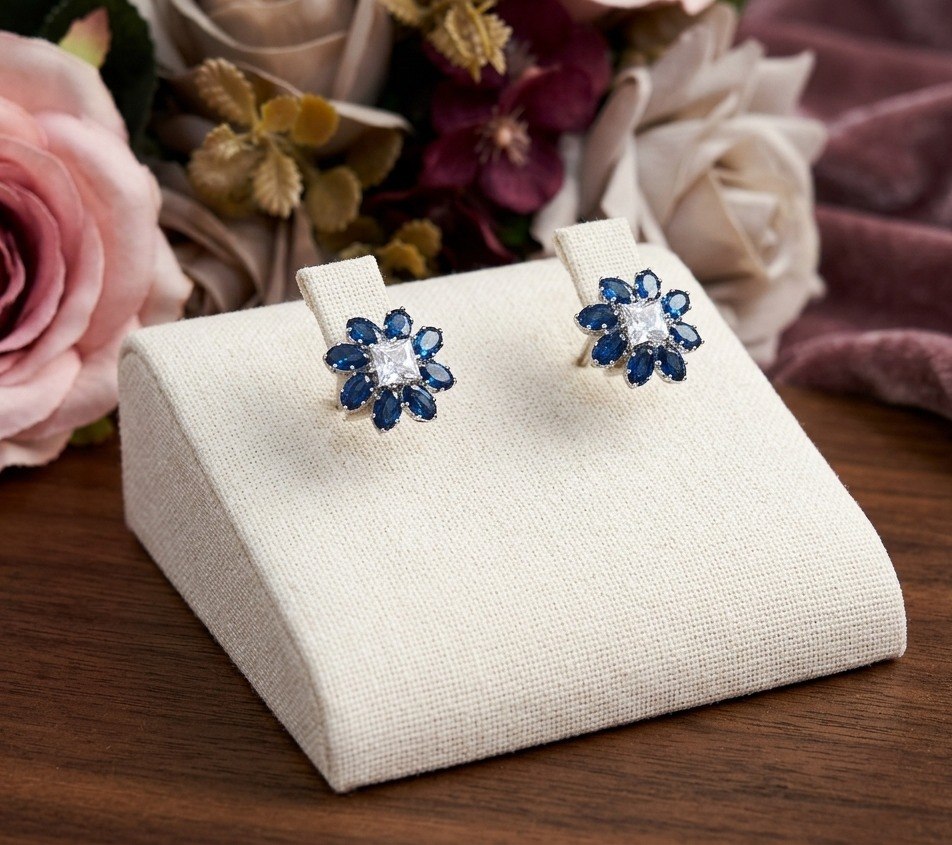 Royal Sapphire Bloom American Diamond Stud Earrings