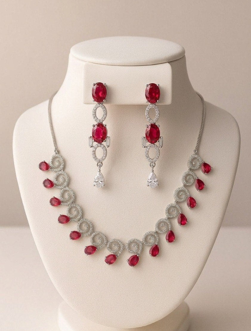 Crimson Elegance – American Diamond Necklace Set