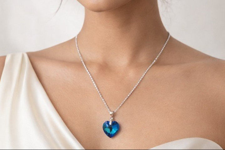 Ocean Heart Crystal Pendant – 925 Sterling Silver Necklace