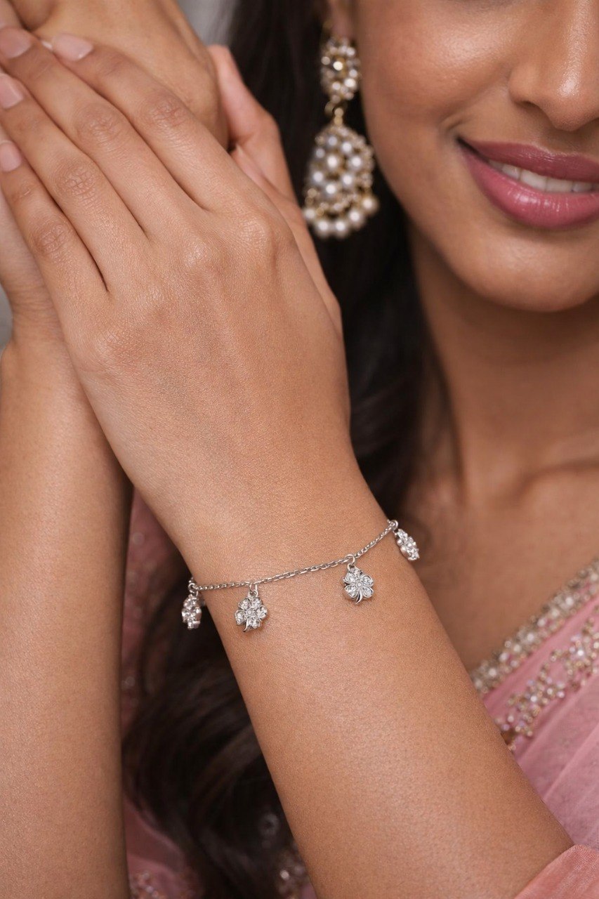 Floral Charm Sparkle Bracelet –925 Sterling Silver