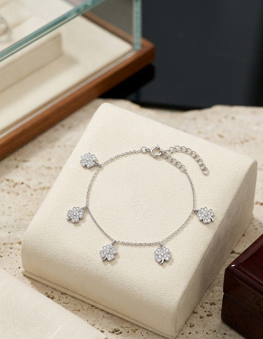 Floral Charm Sparkle Bracelet –925 Sterling Silver