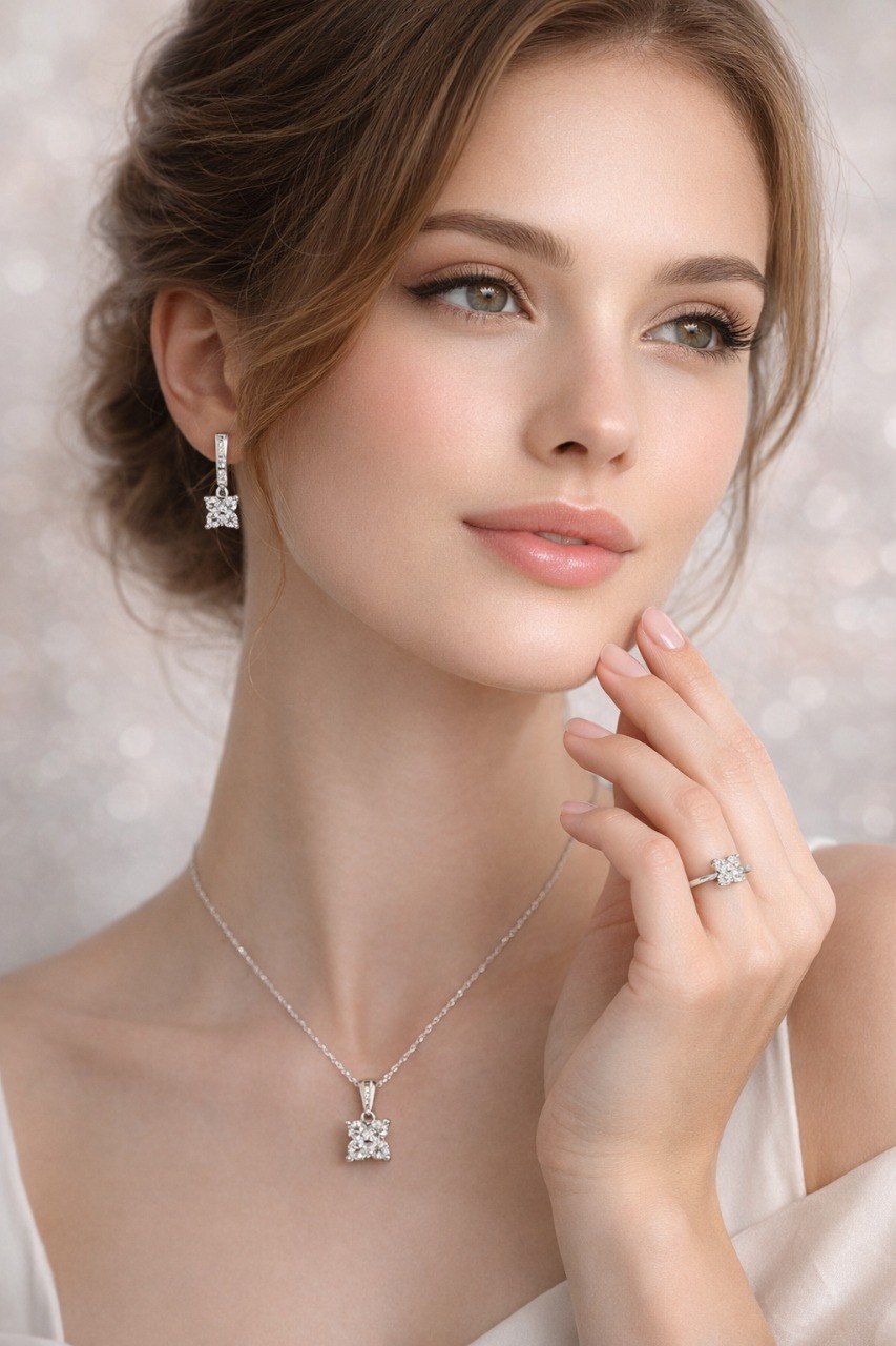 925 Sterling Silver Floral Sparkle Pendant, Hoop Earrings & Ring Set