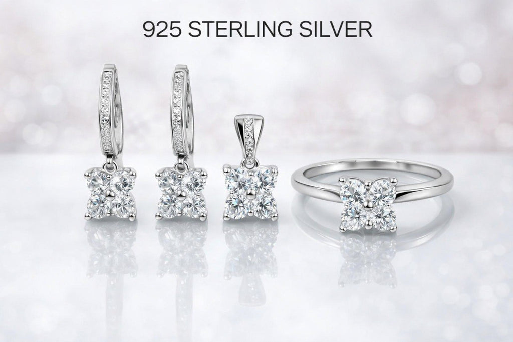 925 Sterling Silver Floral Sparkle Pendant, Hoop Earrings & Ring Set