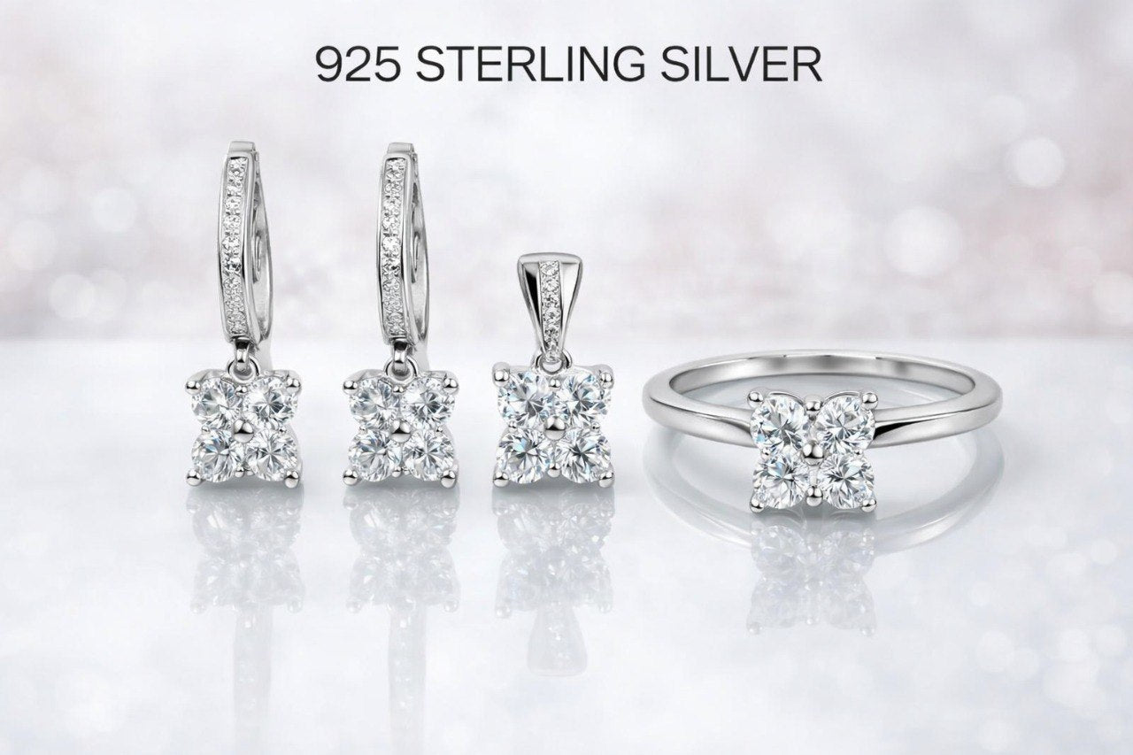 925 Sterling Silver Floral Sparkle Pendant, Hoop Earrings & Ring Set