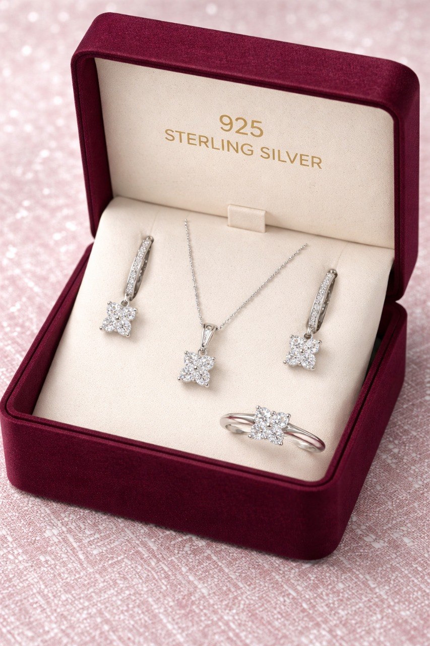 925 Sterling Silver Floral Sparkle Pendant, Hoop Earrings & Ring Set