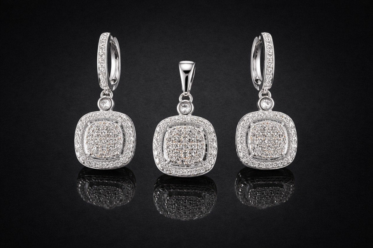 925 Sterling Silver Sparkle Square Pendant & Drop Earrings Set