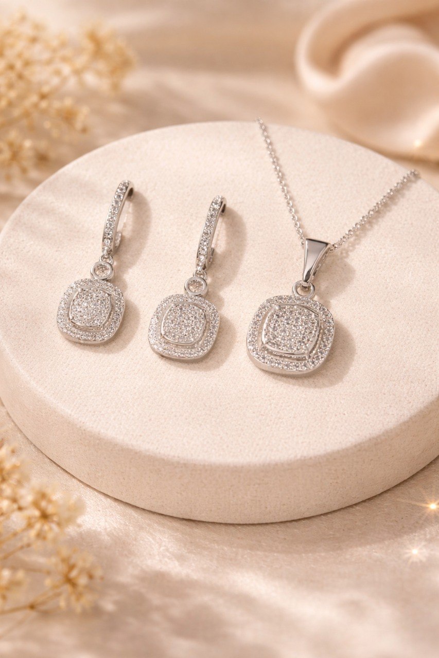 925 Sterling Silver Sparkle Square Pendant & Drop Earrings Set