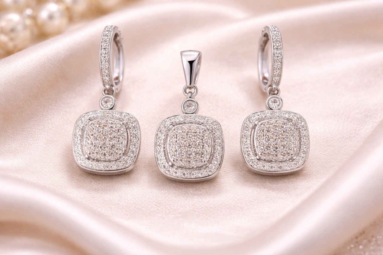 925 Sterling Silver Sparkle Square Pendant & Drop Earrings Set