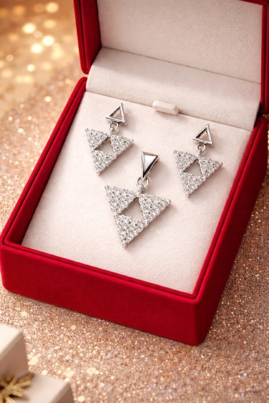 925 Sterling Silver Triangle Crystal Pendant & Drop Earrings Set