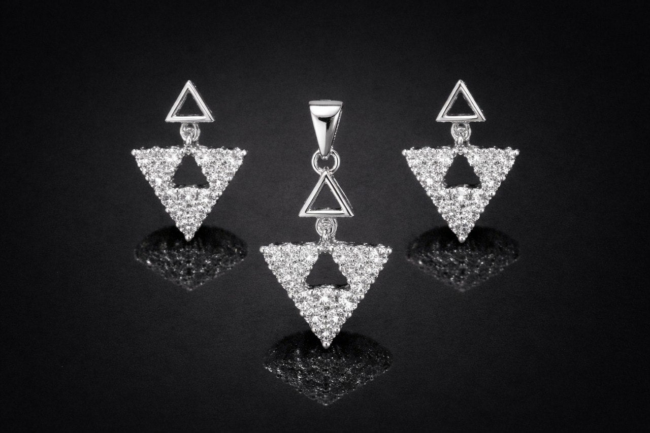 925 Sterling Silver Triangle Crystal Pendant & Drop Earrings Set