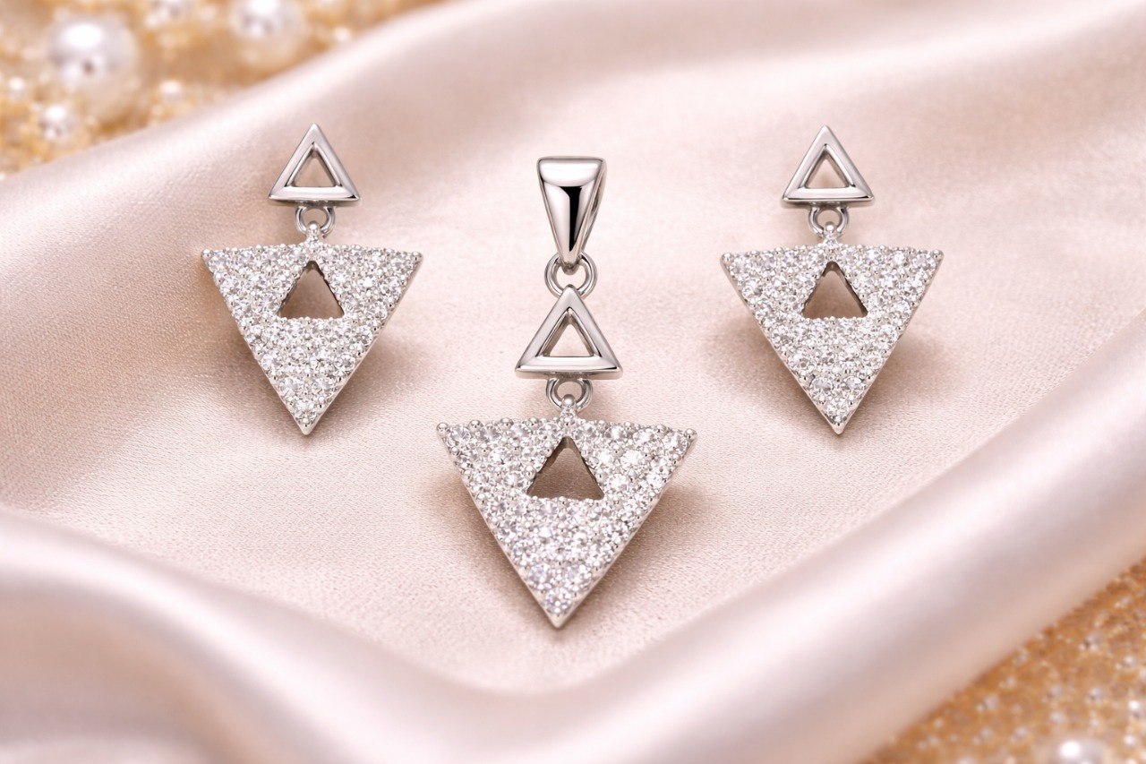 925 Sterling Silver Triangle Crystal Pendant & Drop Earrings Set