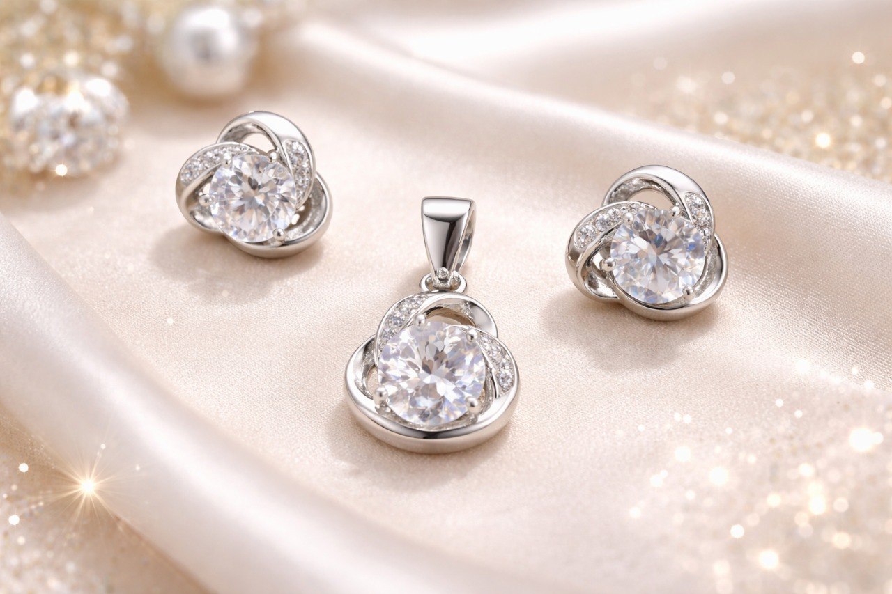 925 Sterling Silver Classic Solitaire Pendant & Stud Earrings Set